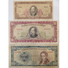 CHILE 1960-1966 . ONE 1 - ONE HUNDRED 100 PESOS BANKNOTES